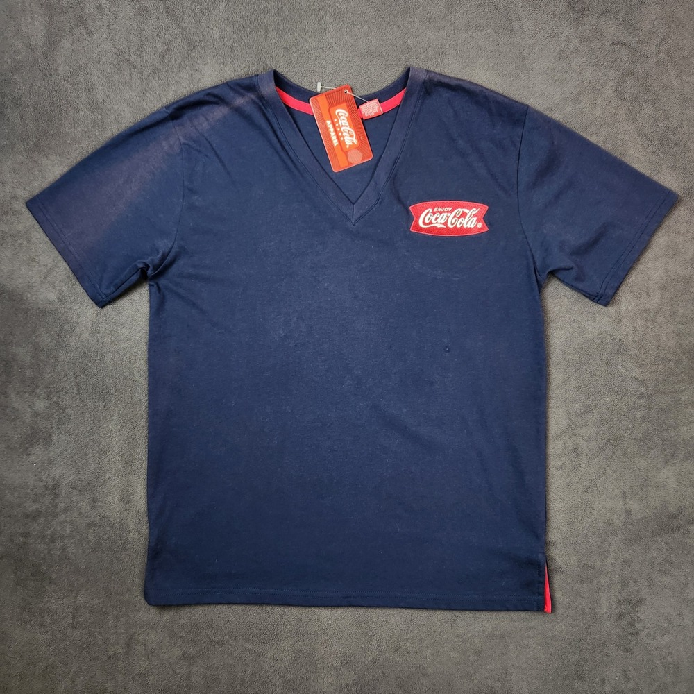 Coca Cola Shirt Mens Medium Navy Blue V Neck Embroidered Coke Logo‎ Short Sleeve